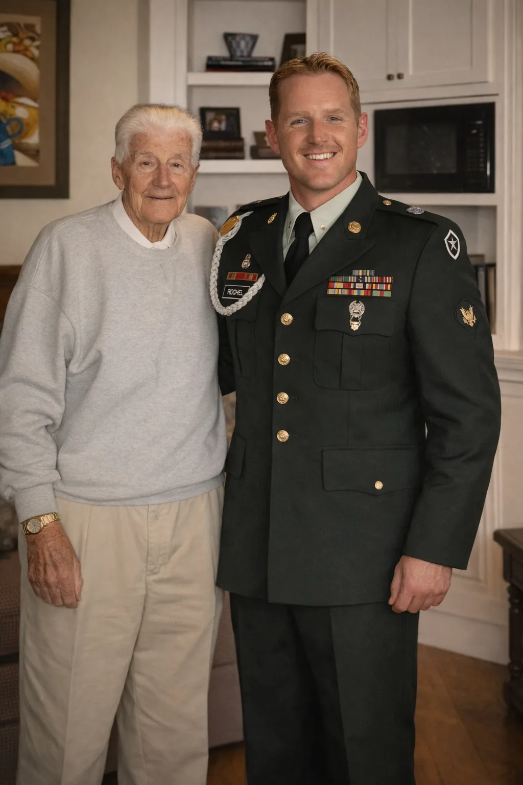 Joseph James Rochel in Army dress uniform standing with his grandfather