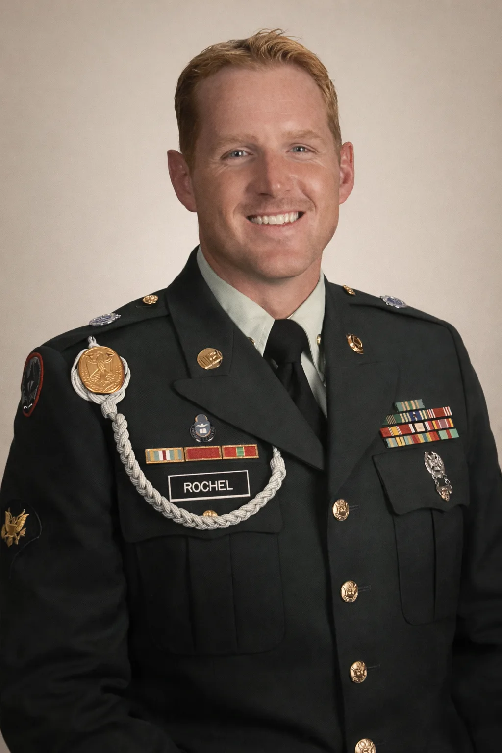 Joseph James Rochel in U.S. Army dress uniform, name tape reading ROCHEL