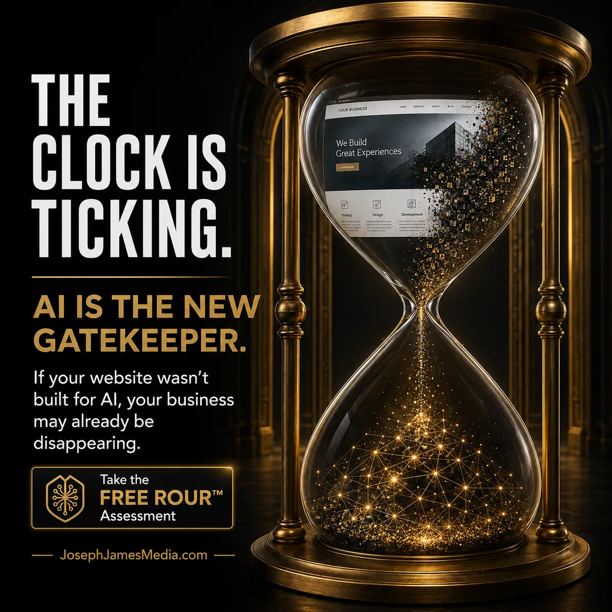 An ornate golden hourglass in which a business website dissolves into glowing golden particles — AI is the new gatekeeper.