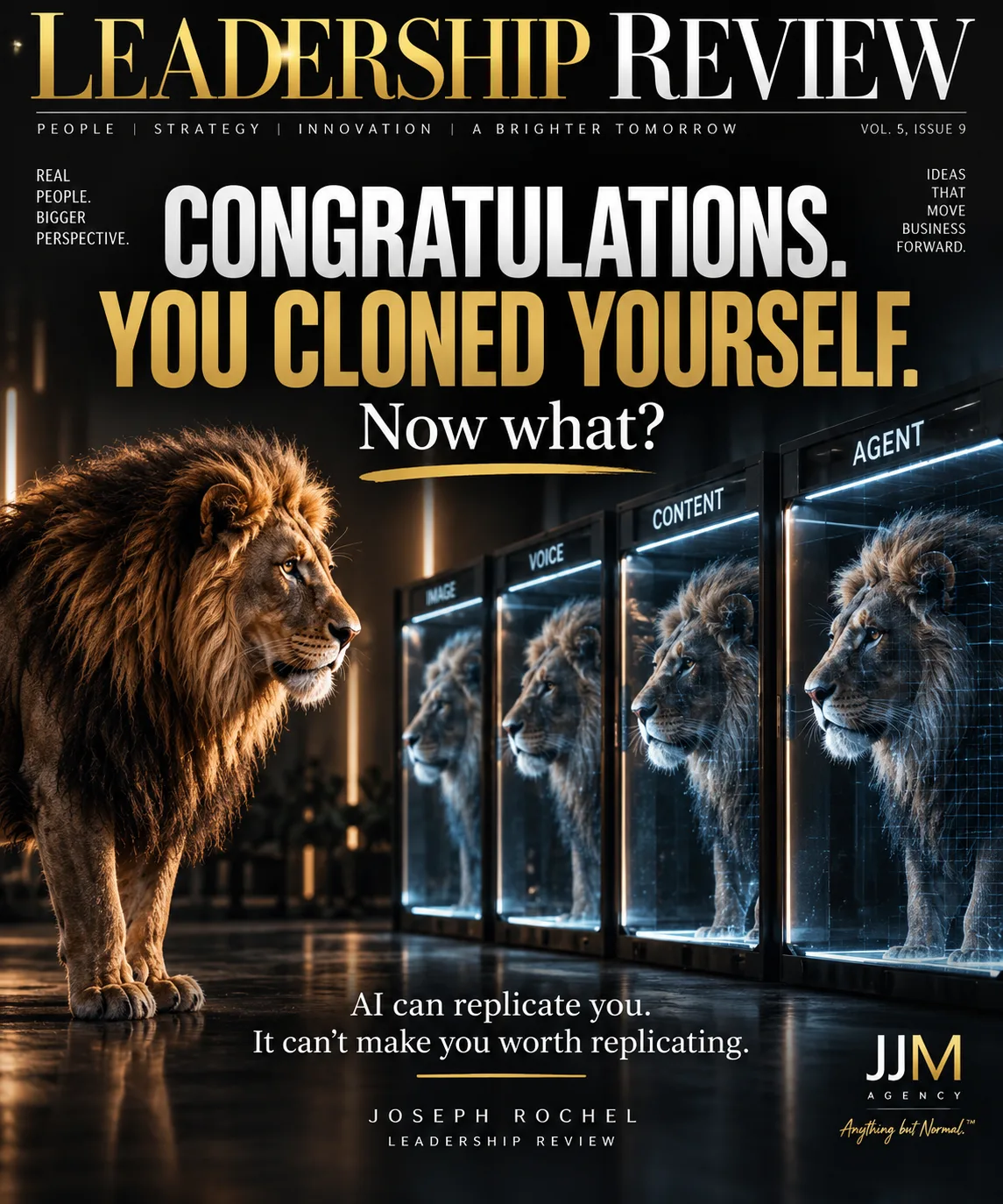 Leadership Review cover: a lion facing four illuminated holographic clones of itself labeled Image, Voice, Content and Agent