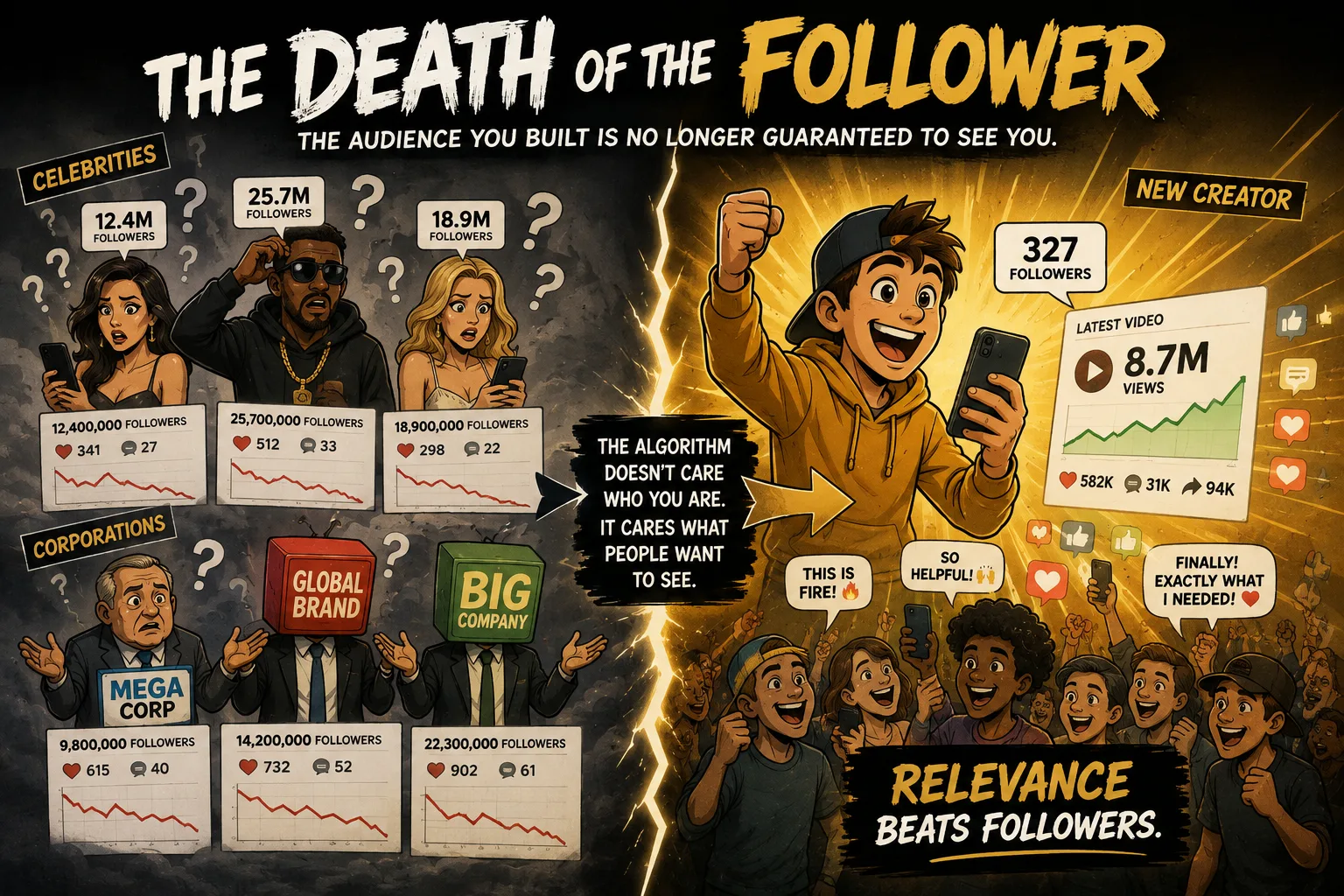 Illustration contrasting celebrities and corporations with millions of followers and declining engagement against a new creator with 327 followers earning 8.7 million views — relevance beats followers.