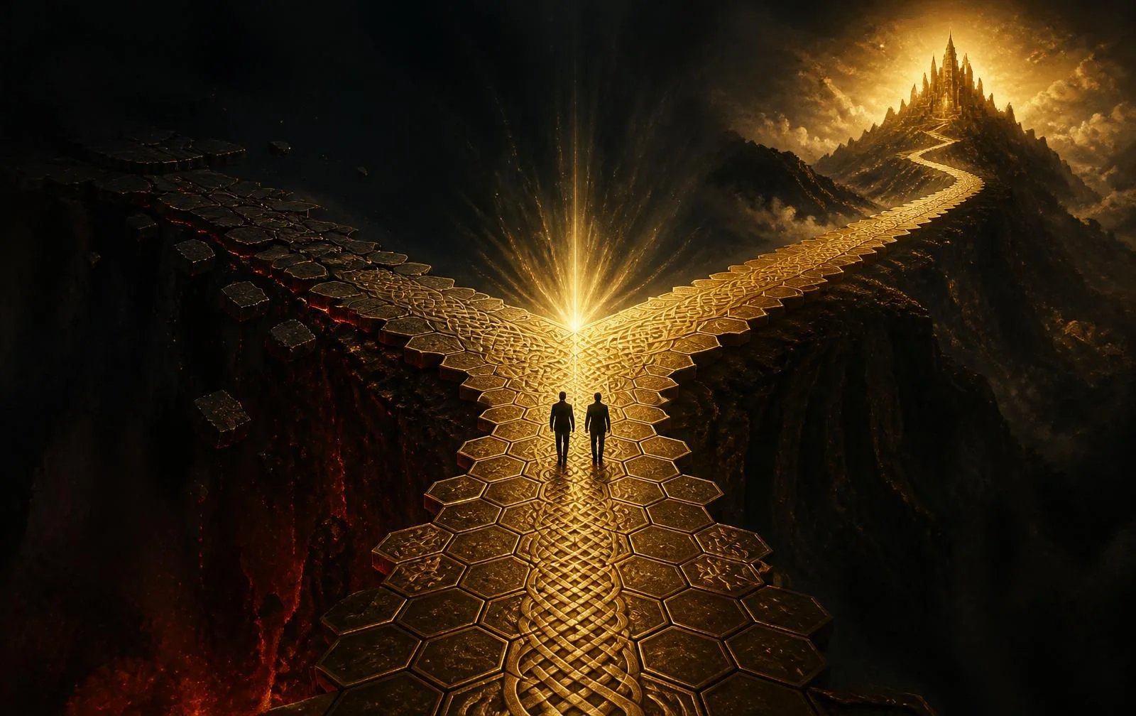 A golden hexagonal path splits into two: one ascending toward a luminous citadel, the other crumbling into a dark abyss.