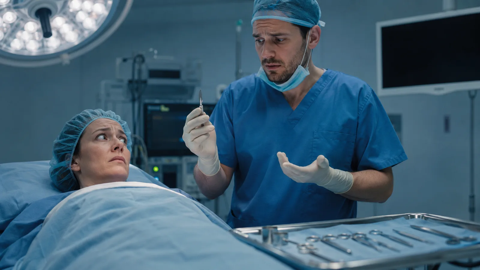 Surgeon in scrubs holding a scalpel beside an anxious patient in an operating room