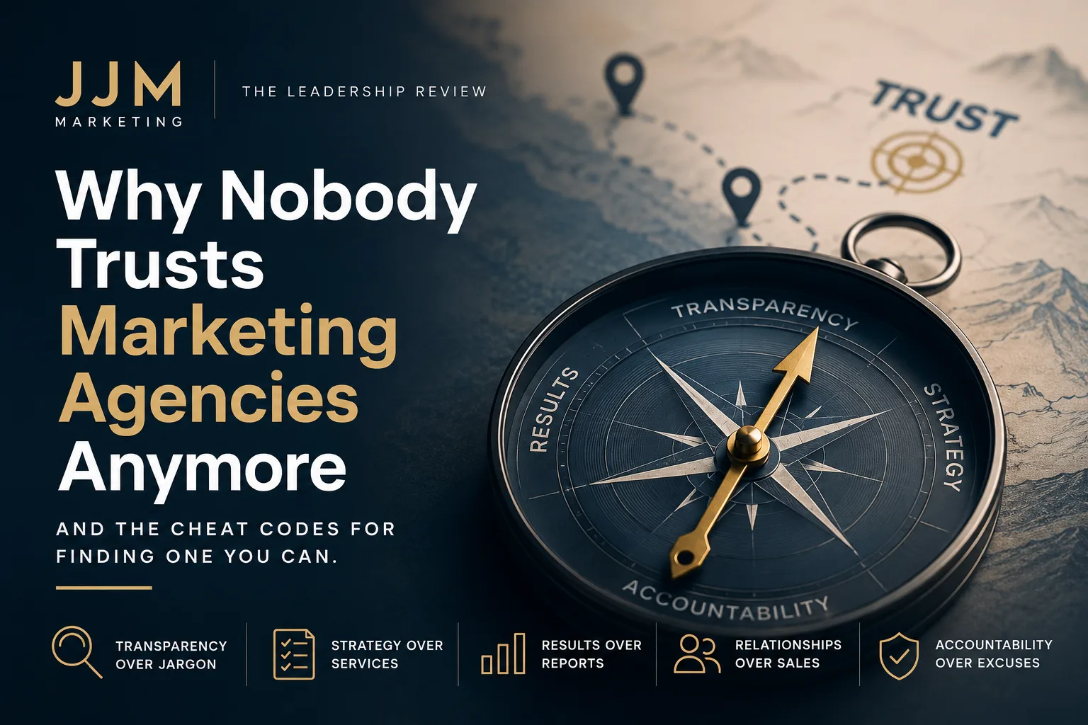 Editorial illustration of a compass pointing toward transparency, strategy, results and accountability for the article Why Nobody Trusts Marketing Agencies Anymore