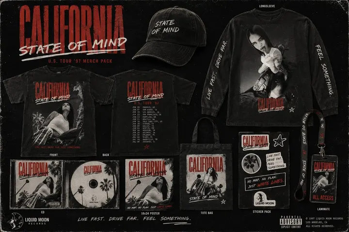 California: State of Mind — U.S. Tour '97 merch pack (tees, longsleeve, hat, tote, stickers, laminate, CD)