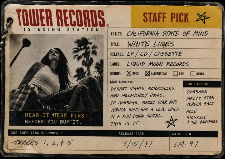 California: State of Mind — Tower Records listening station staff pick card