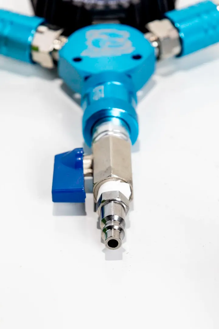 Blue and silver air pressure regulator