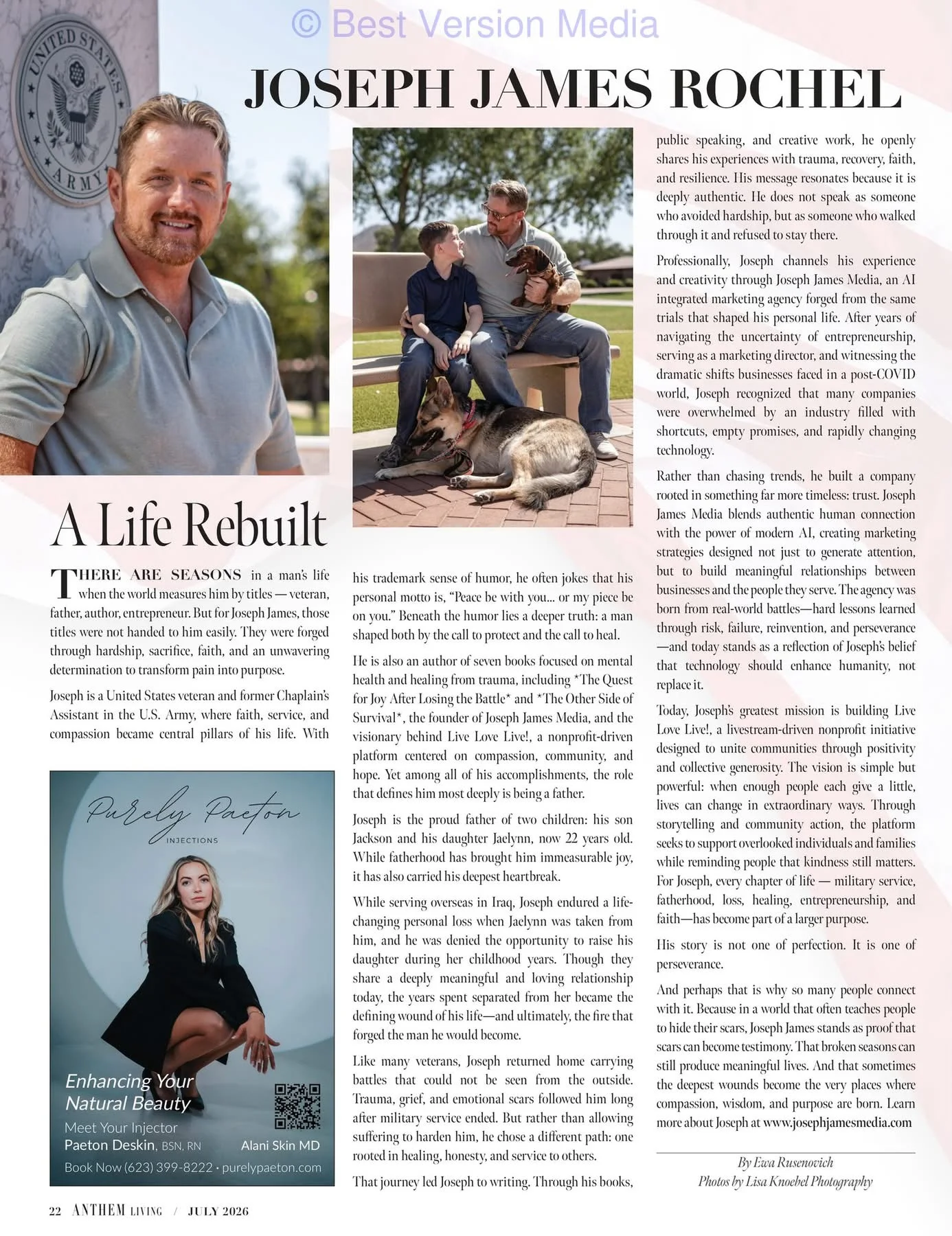Two-page Anthem Living Magazine feature 'A Life Rebuilt' profiling Joseph James Rochel, July 2026 issue